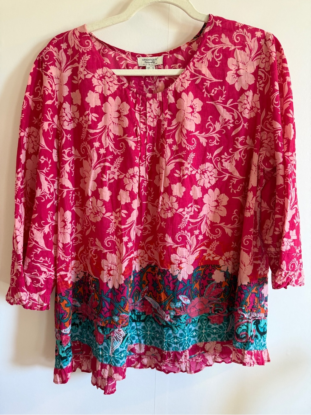 Orientique Organic Cotton Crinkle Boho Floral Top Pink Size Medium